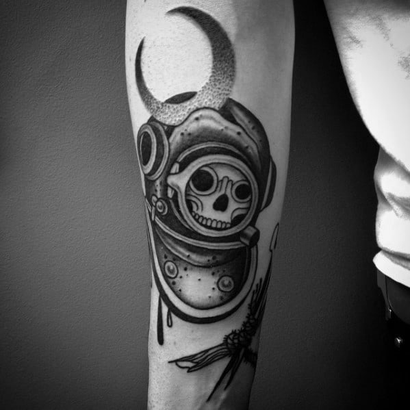 Incredible Diving Helmet Skull With Moon Inner Forearm Tattoos For Men