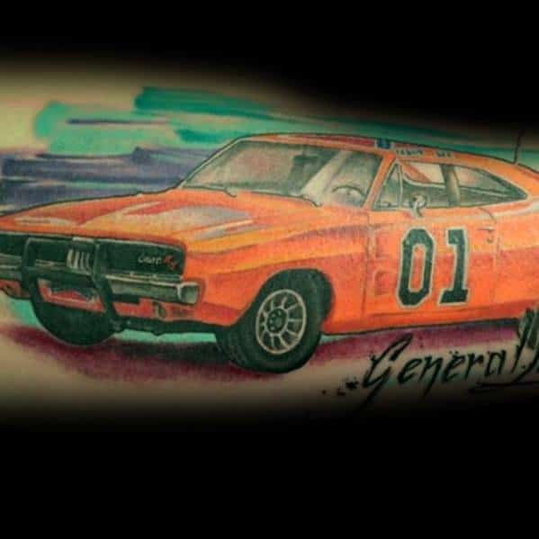 Vibrant tattoo of the iconic orange Dodge Charger 'General Lee' from The Dukes of Hazzard, featuring bold colors and dynamic details.