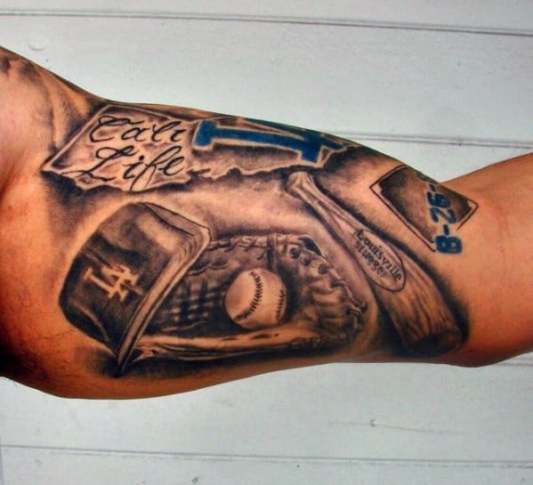 Incredible Dodgers Tattoos For Men With Baseball Theme On Inner Arm Bicep