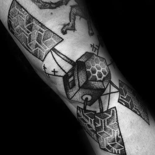 Incredible Dotwork Geometric Pattern Forearm Satellite Tattoos For Men
