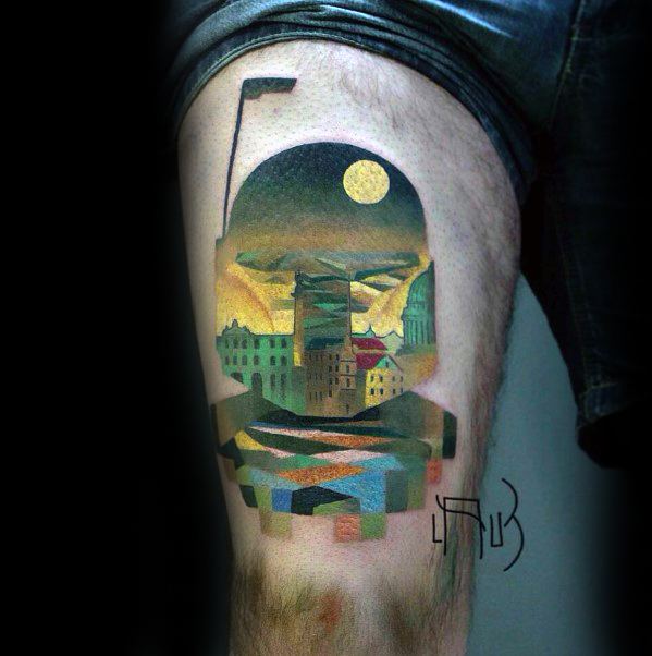 Tattoo of a helmeted figure silhouette filled with a surreal cityscape and moonlit sky, blending abstract shapes and dreamy architecture.