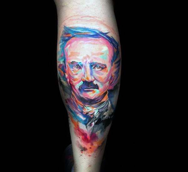 Vibrant watercolor Edgar Allan Poe tattoo with expressive brushstroke textures in bold shades of pink, orange, blue, and purple.