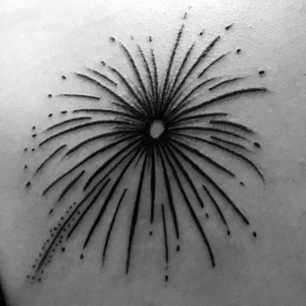 Minimalist black ink tattoo of a firework explosion with fine lines and dot detailing, creating a simple yet elegant and dynamic design.