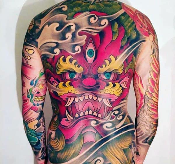 Incredible Foo Dog Full Back Tattoo On Gentleman