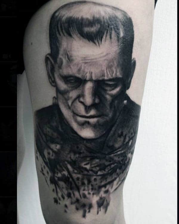 Incredible Frankenstein Watercolor Thigh Tattoos For Guys
