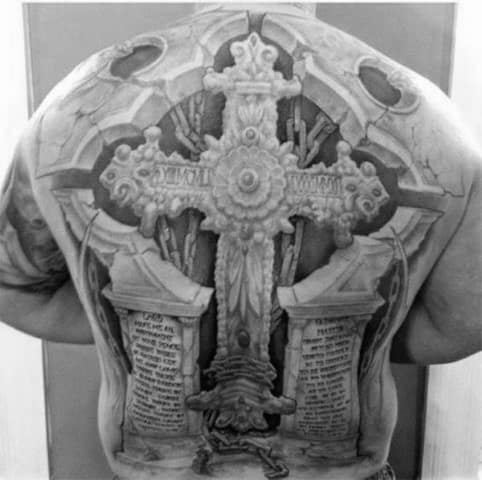 Incredible Full Back 3d Cross Male Tattoo Ideas