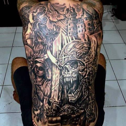 Incredible Full Back Castle Angels Tattoos For Men
