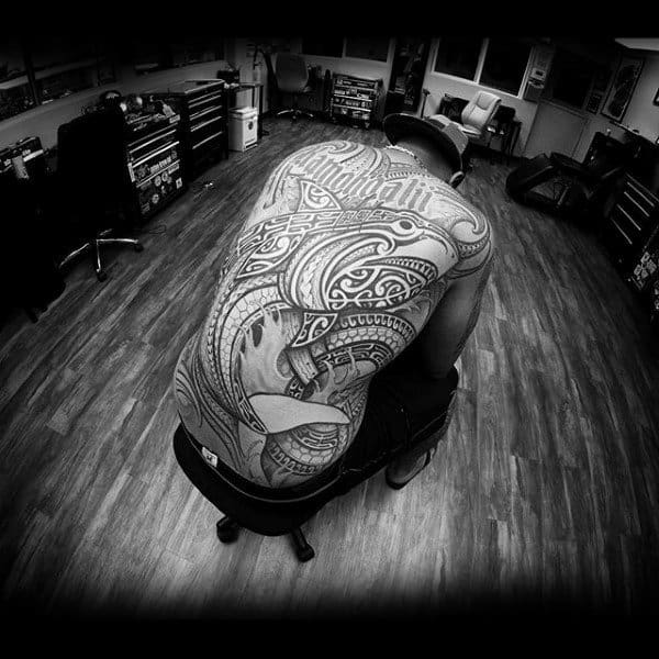 Incredible Full Back Mens Tribal Shark Tattoo Design Inspiration
