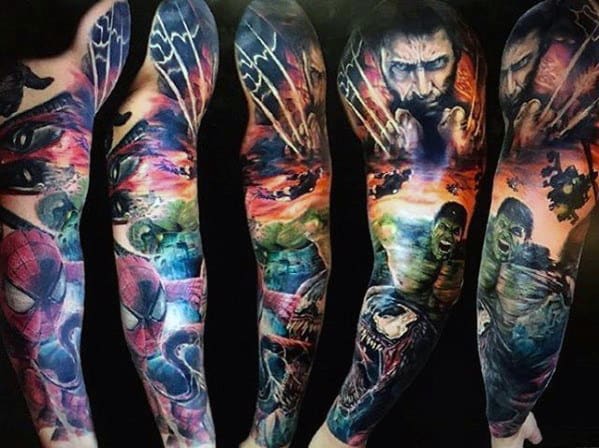 Incredible Full Sleeve Tattoo With Marvel Superheros For Men