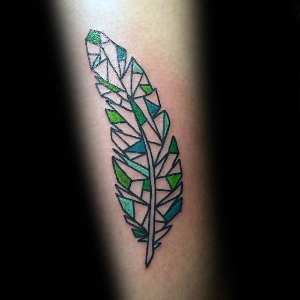 Incredible Geometric Feather Green And Teal Ink Arm Tattoos For Men