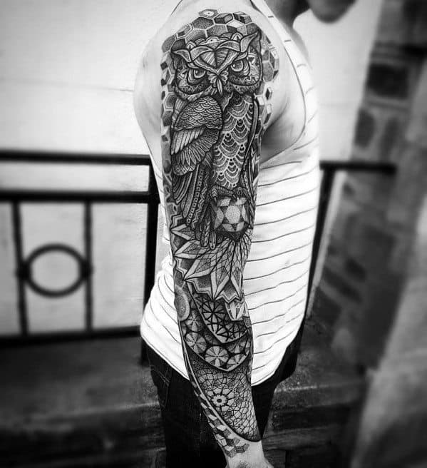 Incredible Geometric Owl Full Arm Sleeve Tattoo Designs For Men