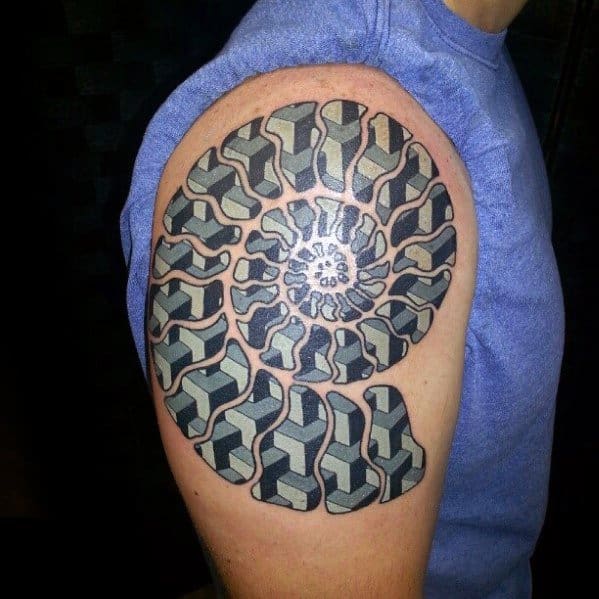 Incredible Geometric Pattern 3d Ammonite Tattoos For Men On Arm