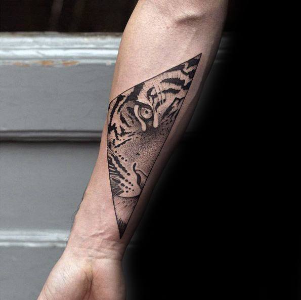 Forearm tattoo of a tiger’s eye and face inside a sharp triangle, blending fine lines and dotwork for a sleek, intense look.