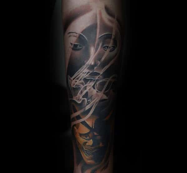 Incredible Gold Hannya Mask Mens Tattoos