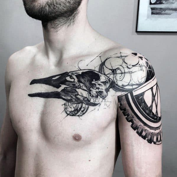 Black and gray tattoo of a detailed goose skull with mechanical and clockwork elements, inked in a biomechanical style across the shoulder and chest.