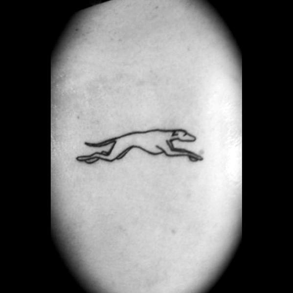 A simple, sleek outline tattoo of a greyhound in mid-run, capturing the elegance and speed of the dog with minimalistic design.