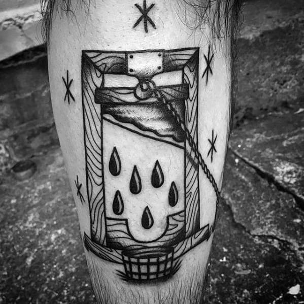 Blackwork guillotine tattoo with a bold blade, six teardrop blood drops, rope detail, and a catch basket at the bottom. Stars surround the design.