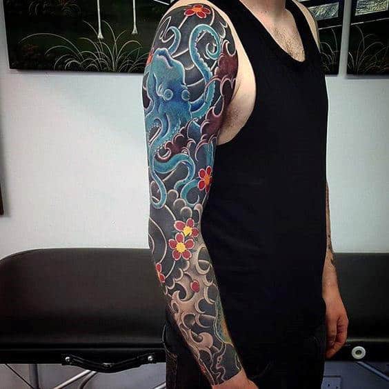 Incredible Guys Blue Japanese Traditional Octopus Full Sleeve Tattoo