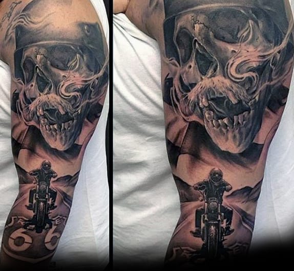 Incredible Harley Davidson Skull Motorcycle Rider Guys Sleeve Tattoo