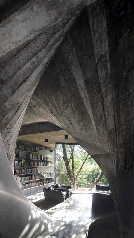 Modern library interior with curved concrete walls, bookshelves, and a large window showing trees outside