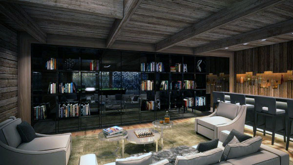 Cozy room with library vibes, modern furniture, a chessboard on a circular table, and soft lighting