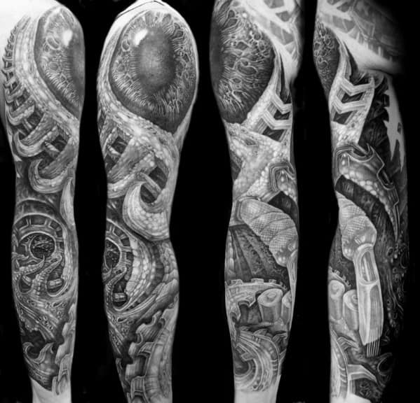 Full-sleeve HR Giger-inspired tattoo featuring a surreal biomechanical eye, coiled tubing, gears, and intricate alien machinery.