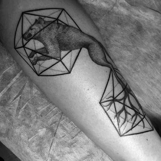 Tattoo of a bear within an icosahedron, with its body morphing into tree roots encased in another geometric shape, blending nature and symmetry.