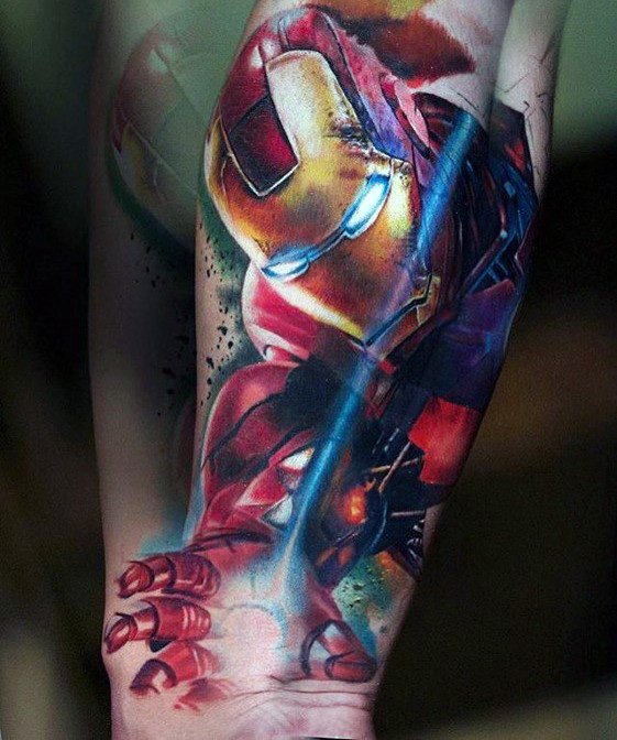 Iron Man tattoo featuring a dynamic action scene with his helmet and repulsor beams in vivid colors, showcasing the character in an explosive, high-energy pose.