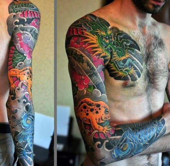 Japanese-style full-sleeve tattoo featuring an orange frog, koi fish, and a fierce dragon, surrounded by swirling waves and vibrant floral details.