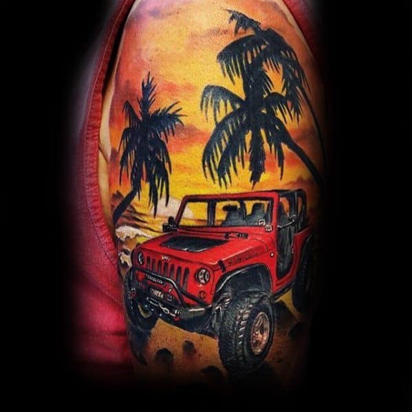 Vibrant tattoo of a red Jeep on a sandy beach, surrounded by palm trees, with a stunning sunset sky in the background.