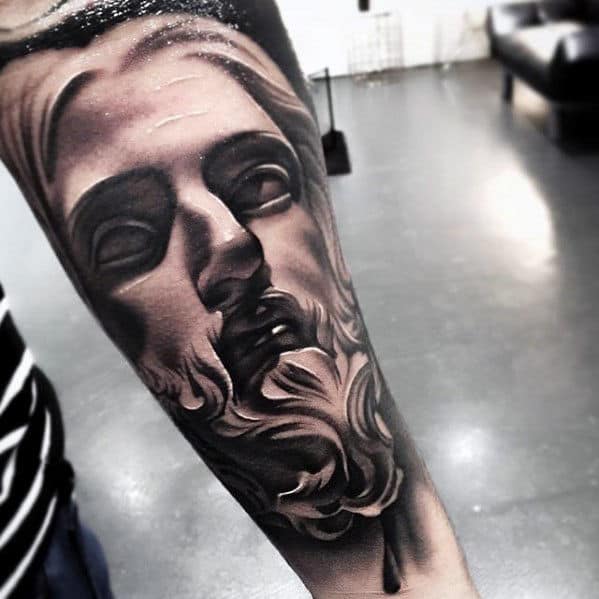 Incredible Jesus Face Male Shaded Outer Forearm Tattoos