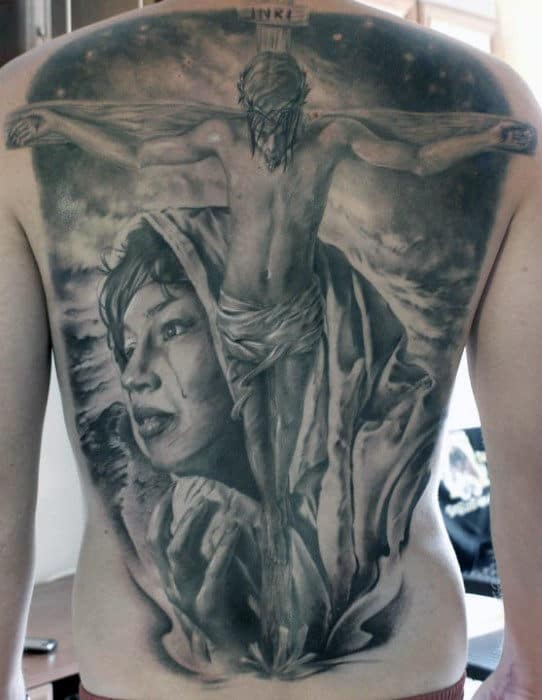 Incredible Jesus Full Back Heavily Shaded Tattoos For Men