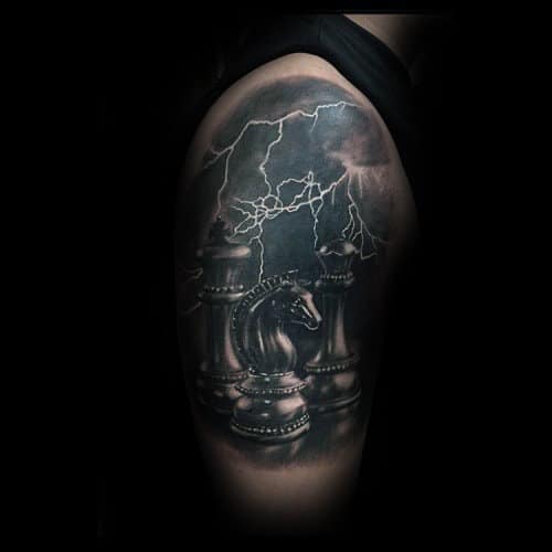 Incredible King Chess Piece With Storm Lighting Mens Half Sleeve Tattoo