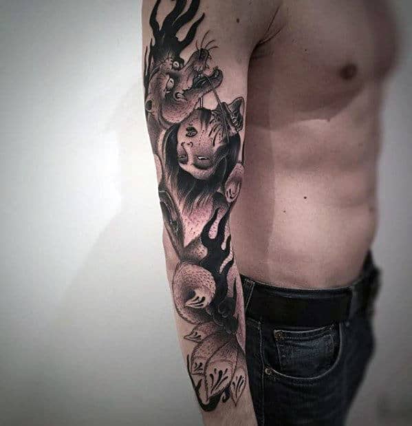 Incredible Kitsune Full Arm Guys Shaded Tattoo Ideas