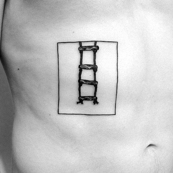 Minimalist rope ladder tattoo within a rectangular frame, symbolizing resilience, perfect for men's ribs or chest placement.