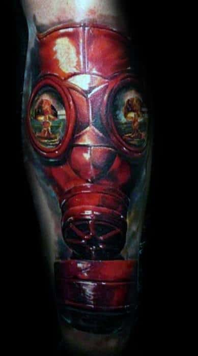 Incredible Leg 3d Red Gas Mask Mushroom Cloud Tattoos For Men