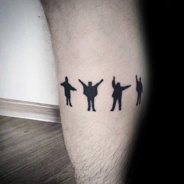 Minimalist silhouette tattoo of The Beatles in their iconic "Help!" pose, featuring each member with distinct arm positions in solid black ink.