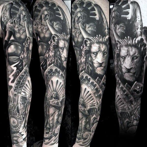 Incredible Lion Statue Full Arm Sleeve Tattoos For Men