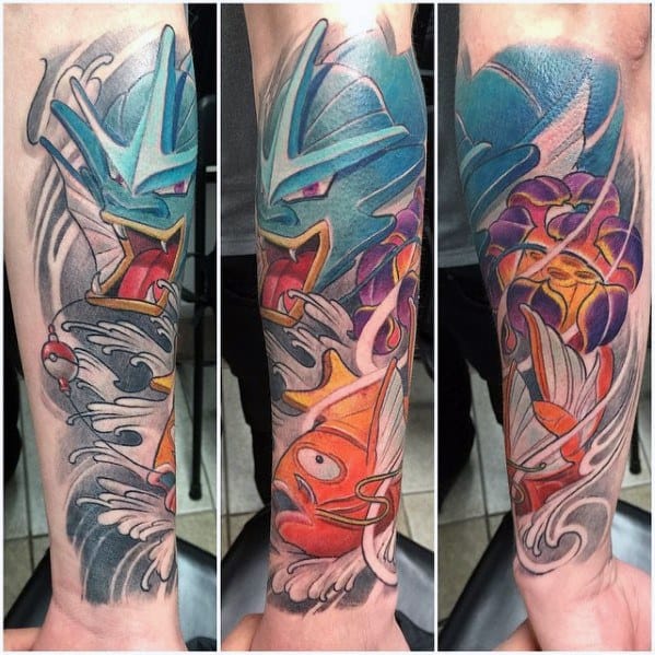 Dynamic forearm tattoo of Magikarp evolving into Gyarados, with flowing water, a Poké Ball, and bold blue and orange colors.