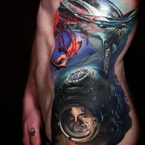 Incredible Male Rib Cage Side Diver Underwater With Shark 3d Realistic Tattoo