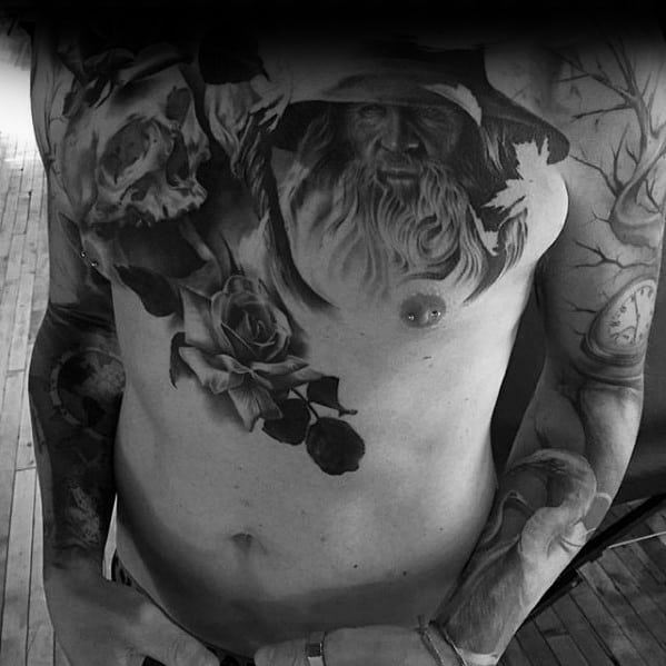 Incredible Male Tattoos On Chest With Rose Flower
