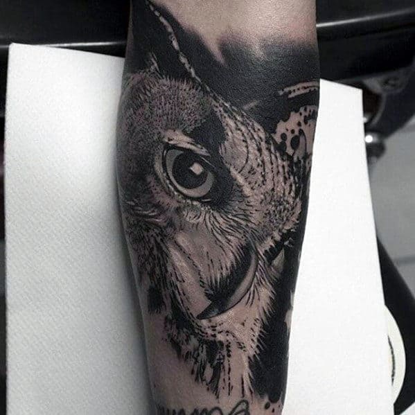 Incredible Mens Black And Grey Shaded Owl Inner Forearm Tattoo Designs