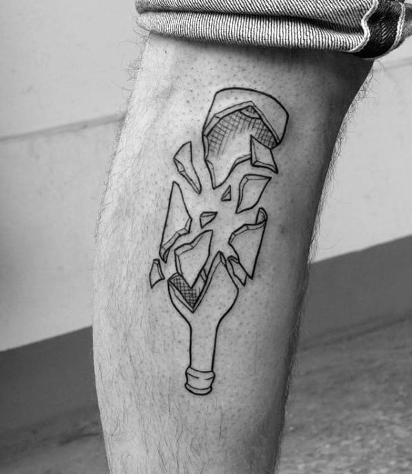 Incredible Mens Broken Bottle Black Ink Ouline Leg Tattoo Designs