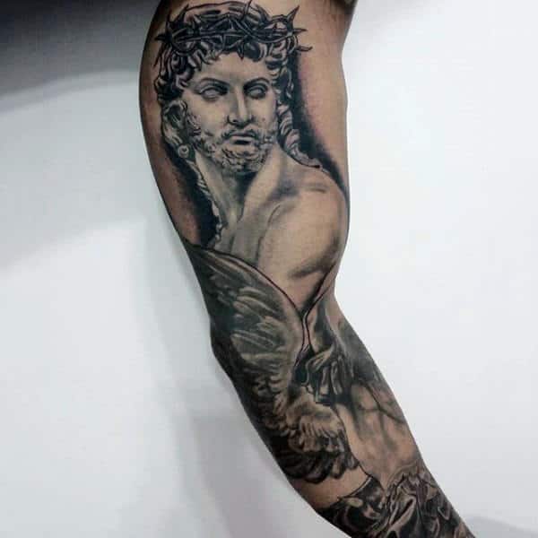 Incredible Mens Full Arm Jesus Sleeve Tattoo