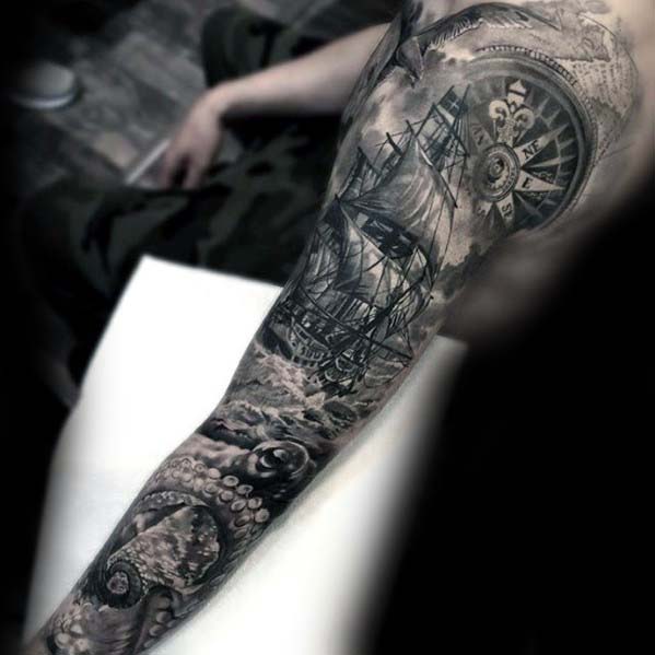Incredible Mens Shaded Sailing Ship With Kraken Nautical Sleeve Tattoo