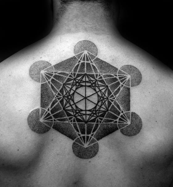 Metatron’s Cube back tattoo with dark dotwork shading and bold black lines, creating a striking and dimensional sacred geometry design.