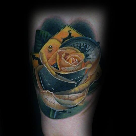 Incredible Morph Tattoos For Men Rose Flower With Street Signs And Compass