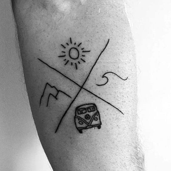 Minimalist travel-themed tattoo with a cross design featuring a sun, wave, mountain, and vintage van, symbolizing adventure and exploration.
