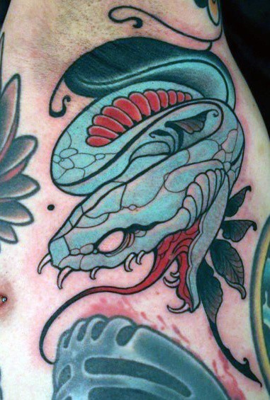 Neo-traditional tattoo of a stylized blue snake head with red accents, sharp fangs, and bold linework, creating a fierce and detailed design.