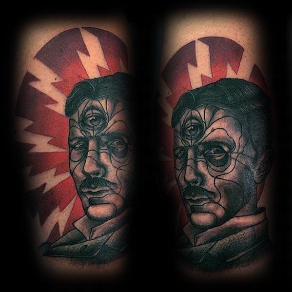 Surreal Nikola Tesla tattoo with a third eye, mechanical facial elements, and a bold red lightning burst background.